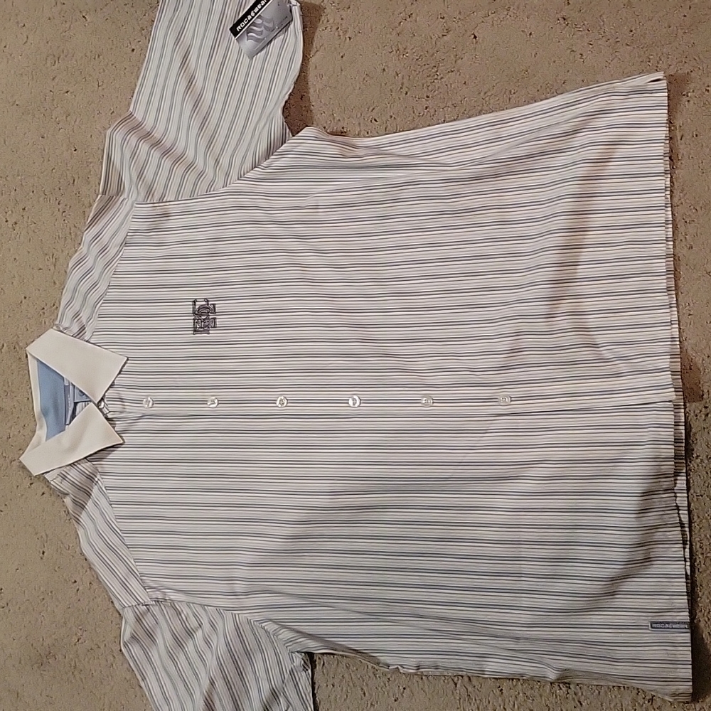 NWT New Rocawear 3XL XXXL Short Sleeve Button Shirt White Baby Blue Grey Stripes